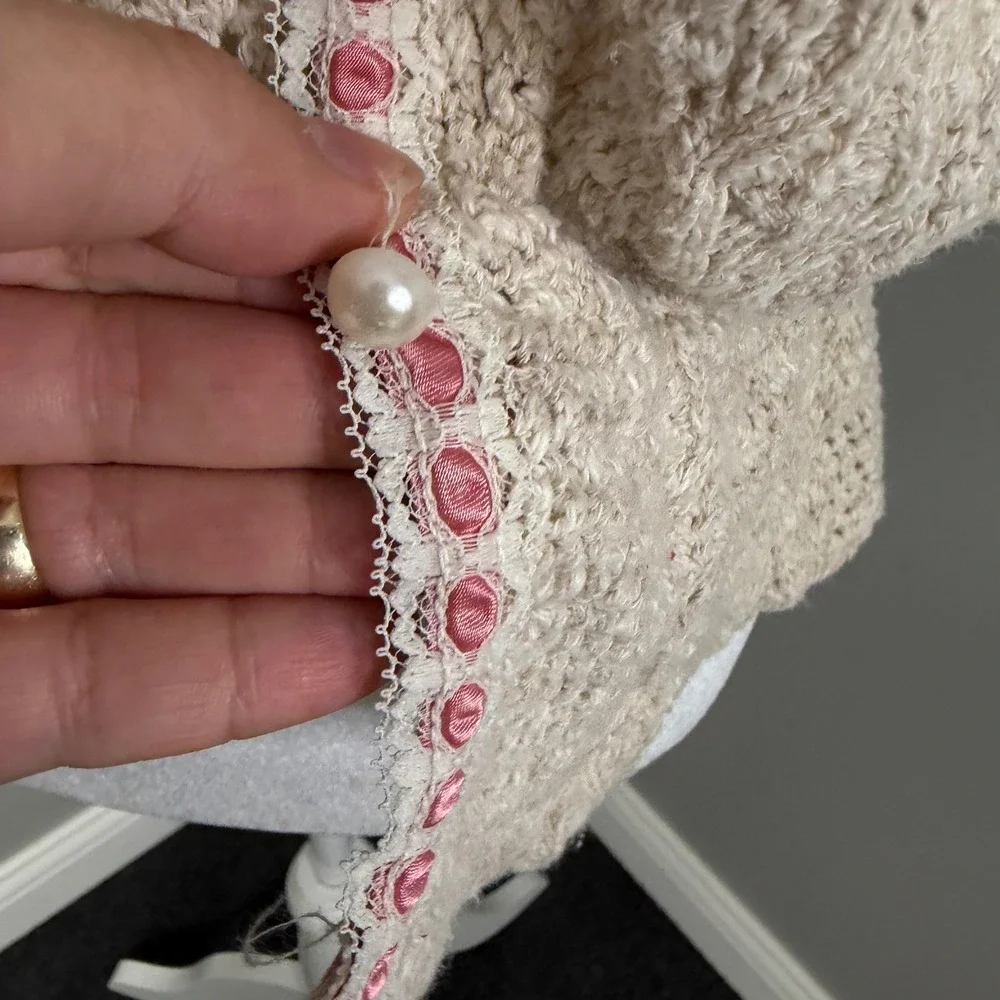 Vintage Style Crochet Knit Cardigan and Camisole Set Beige Pink Ribbon Trim